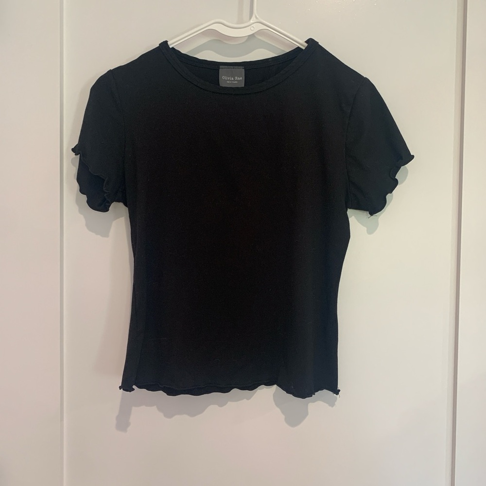 Olivia Rae Black Ribbed Lettuce-Edge Short Sleeve Top